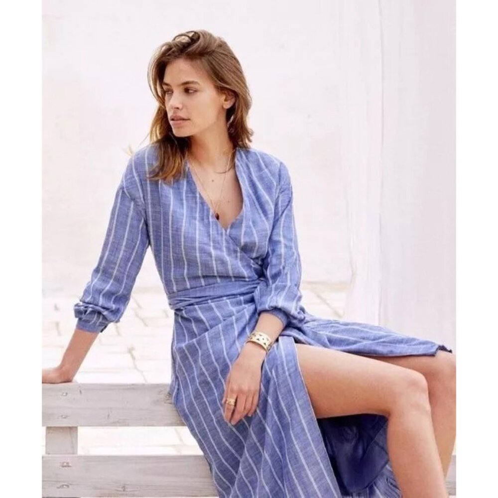 Sezane Robe Laurette Midi Dress Wrap Striped Embroidered Long Sleeve XL44 278238 - Picture 2 of 9